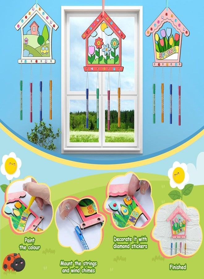 TREACLUB 12PCS Birdhouse Wind Chime Kit for Kids Make Your Own Hollow Out Bird House Wind Chime DIY Coloring Wood Crafts Spring Wooden Arts and Crafts for Boys Girls School Activities Party Decoration - Image 3